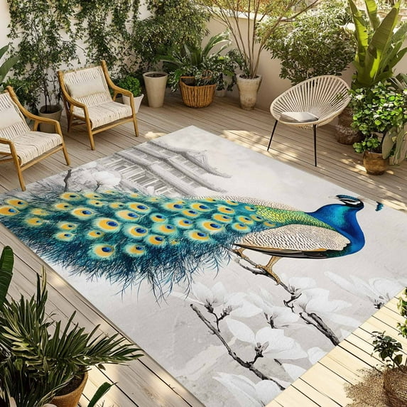 Fsddascl Vintage Peacock Outdoor Rug for Patio/Deck/Porch, Non-Slip Large Area Rug 5 x 8 Ft, Watercolor Peacock Feather Flower Indoor Outdoor Rugs Washable Area Rugs, Reversible Camping Rug Carpet