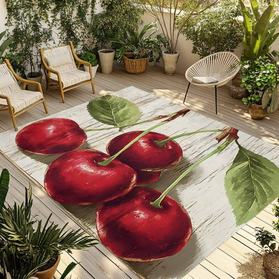 Fsddascl Vintage Red Cherry Outdoor Rug for Patio/Deck/Porch, Non-Slip Large Area Rug 4 x 6 Ft, Retro Summer Botanical Indoor Outdoor Rugs Washable Area Rugs, Reversible Camping Rug Carpet Runner