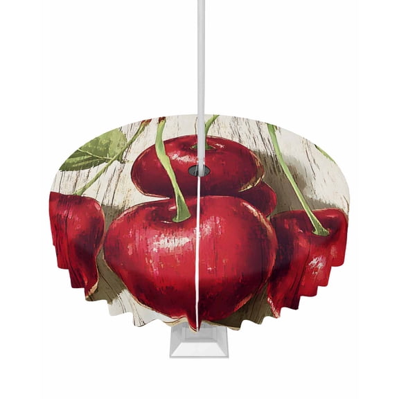 Fsddascl Vintage Red Cherry Outdoor Tablecloth - 60 Inch Round Dining Table Cover, Retro Summer Botanical Waterproof Outdoor Table Cloth with Umbrella Hole & Zipper for Picnic/Patio/Party