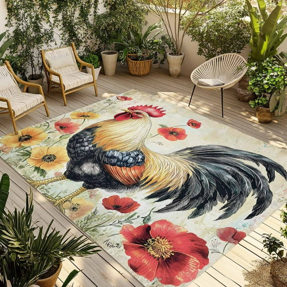 Fsddascl Vintage Rooster Outdoor Rug for Patio/Deck/Porch, Non-Slip Large Area Rug 5 x 8 Ft, Spring Floral Watercolor Pastoral Animals Indoor Outdoor Rugs Washable Area Rugs, Camping Rug Carpet