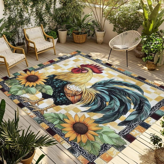 Fsddascl Vintage Rooster Outdoor Rug for Patio/Deck/Porch, Non-Slip Large Area Rug 5 x 8 Ft, Sunflower Animals Plaid Farmhouse Indoor Outdoor Rugs Washable Area Rugs, Reversible Camping Rug Carpet