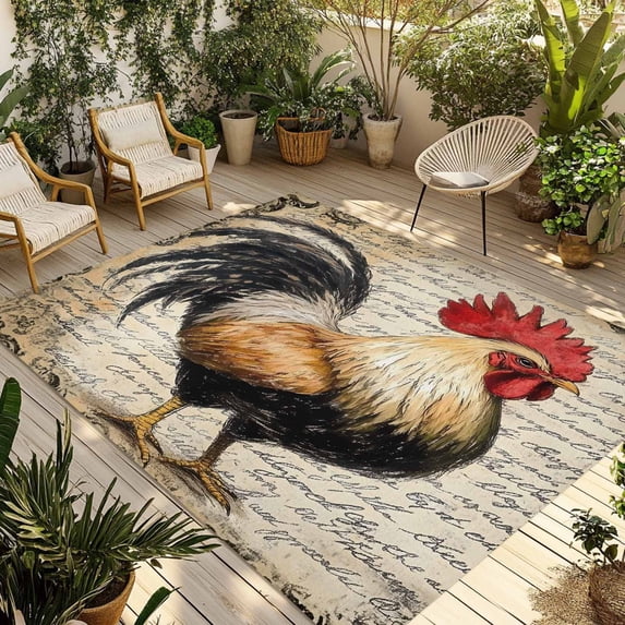 Fsddascl Vintage Rooster Outdoor Rug for Patio/Deck/Porch, Non-Slip Large Area Rug 5 x 8 Ft, Watercolor Farmhouse Animals Indoor Outdoor Rugs Washable Area Rugs, Reversible Camping Rug Carpet Runner