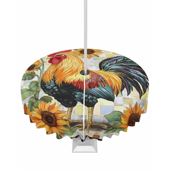 Fsddascl Vintage Rooster Outdoor Tablecloth - 54 Inch Round Dining Table Cover, Farmhouse Sunflower Animals Plaid Waterproof Outdoor Table Cloth with Umbrella Hole & Zipper for Picnic/Patio/Party