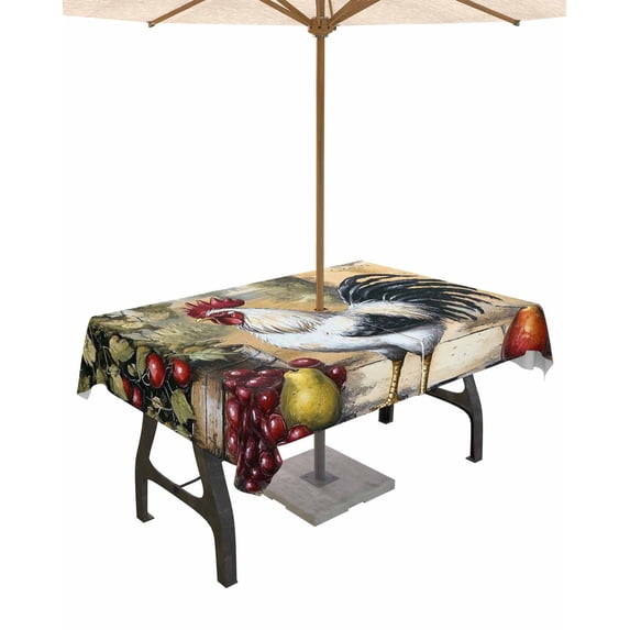 Fsddascl Vintage Rooster Outdoor Tablecloth - 60x84 Inch Rectangle Dining Table Cover, Pastoral Animals Plaid Waterproof Outdoor Table Cloth with Umbrella Hole & Zipper for Picnic/Patio/Party