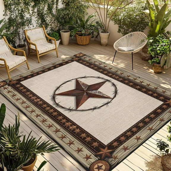 Fsddascl Vintage Rustic Outdoor Rug for Patio/Deck/Porch, Non-Slip Large Area Rug 4 x 6 Ft, Farmhouse Country Texas Star Wooden Grain Indoor Outdoor Rugs Washable Area Rugs, Camping Rug Carpet
