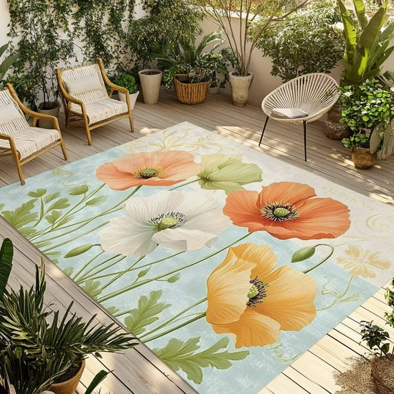 Fsddascl Vintage Spring Floral Outdoor Rug for Patio/Deck/Porch, Non-Slip Large Area Rug 4 x 6 Ft, Watercolor Farmhouse Summer Flowers Indoor Outdoor Rugs Washable Area Rugs, Camping Rug Carpet