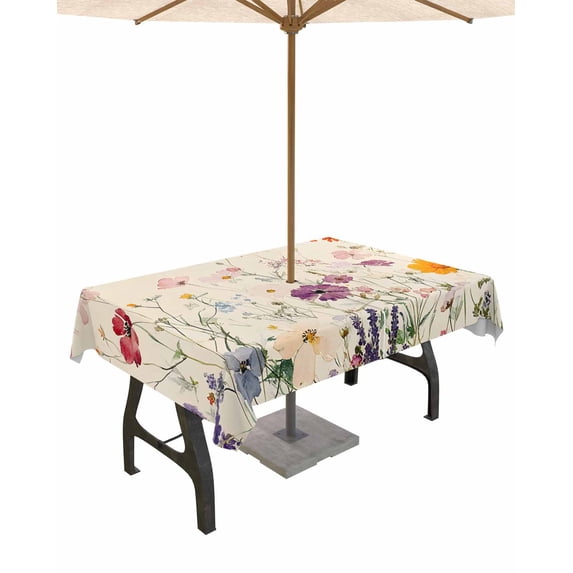 Fsddascl Vintage Spring Floral Outdoor Tablecloth - 60x120 Inch Rectangle Dining Table Cover, Summer Botanical Flowers Waterproof Outdoor Table Cloth with Umbrella Hole & Zipper for Picnic/Patio