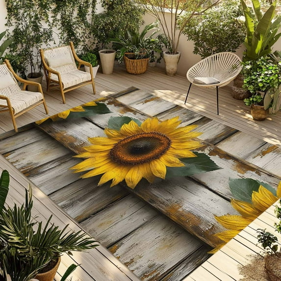 Fsddascl Vintage Sunflower Outdoor Rug for Patio/Deck/Porch, Non-Slip Large Area Rug 5 x 8 Ft, Farmhouse Retro Wooden Floral Indoor Outdoor Rugs Washable Area Rugs, Reversible Camping Rug Carpet