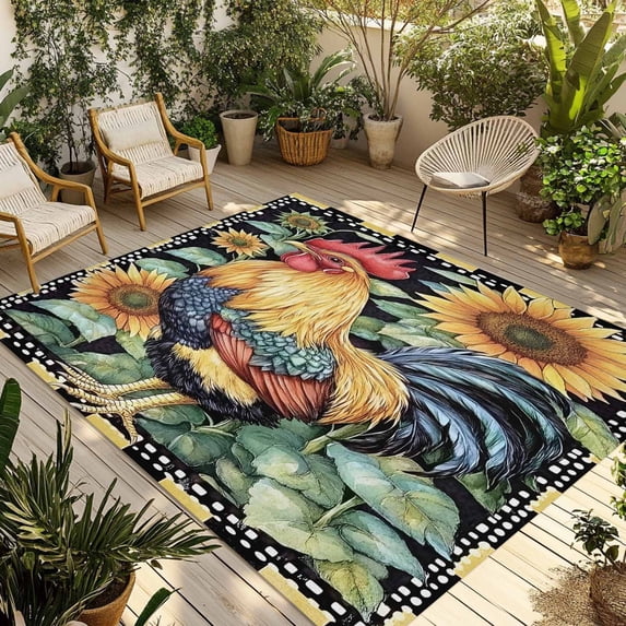 Fsddascl Vintage Sunflower Rooster Outdoor Rug for Patio/Deck/Porch, Non-Slip Large Area Rug 4 x 6 Ft, Farmhouse Watercolor Yellow Plaid Indoor Outdoor Rugs Washable Area Rugs, Camping Rug Carpet