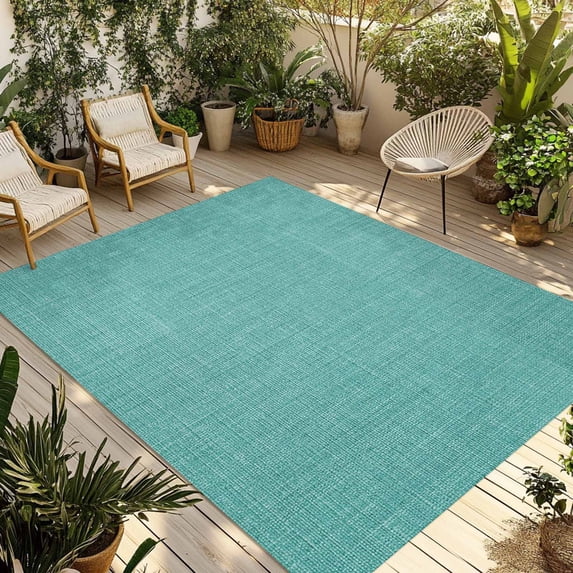 Fsddascl Vintage Teal Green Outdoor Rug for Patio/Deck, Non-Slip Large Area Rug 6 x 9 Ft, Farmhouse Retro Solid Color Linen Texture Indoor Outdoor Rugs Washable Area Rugs, Camping Rug Carpet Runner