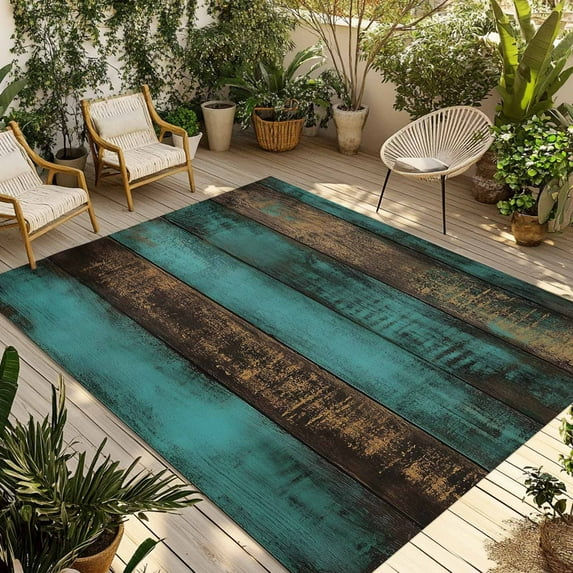 Fsddascl Vintage Teal Stripe Outdoor Rug for Patio/Deck/Porch, Non-Slip Large Area Rug 5 x 8 Ft, Farmhouse Shabby Turquoise Indoor Outdoor Rugs Washable Area Rugs, Reversible Camping Rug Carpet