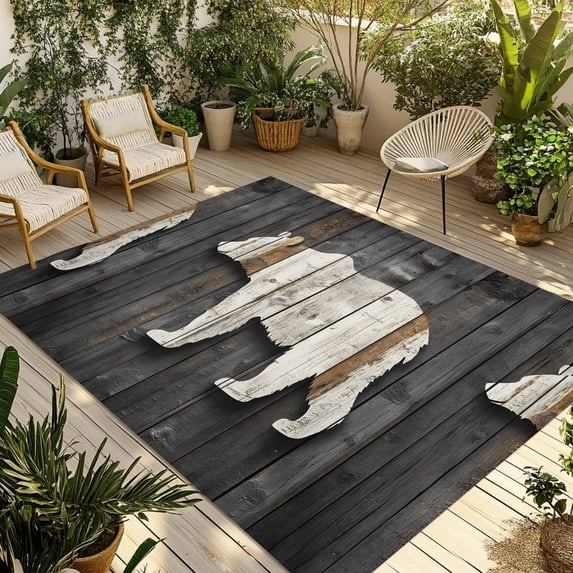 Fsddascl Vintage White Brown Bear Outdoor Rug for Patio/Deck/Porch, Non-Slip Large Area Rug 4 x 6 Ft, Retro Country Rustic Wood Grain Indoor Outdoor Rugs Washable Area Rugs, Camping Rug Carpet
