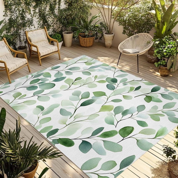 Fsddascl Watercolor Eucalyptus Outdoor Rug for Patio/Deck/Porch, Non-Slip Large Area Rug 4 x 6 Ft, Green Leaves Botanical Plants Indoor Outdoor Rugs Washable Area Rugs, Reversible Camping Rug Carpet