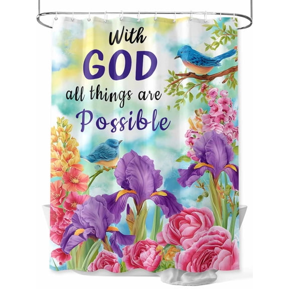 Fsddascl Watercolor Floral Shower Curtain Set - Small 36" x 72" Washable Bathtub Curtain with 12 Hooks, with God All Things Are Possible Waterproof Fabric Stall Shower Curtains for Bathroom/Bathtub