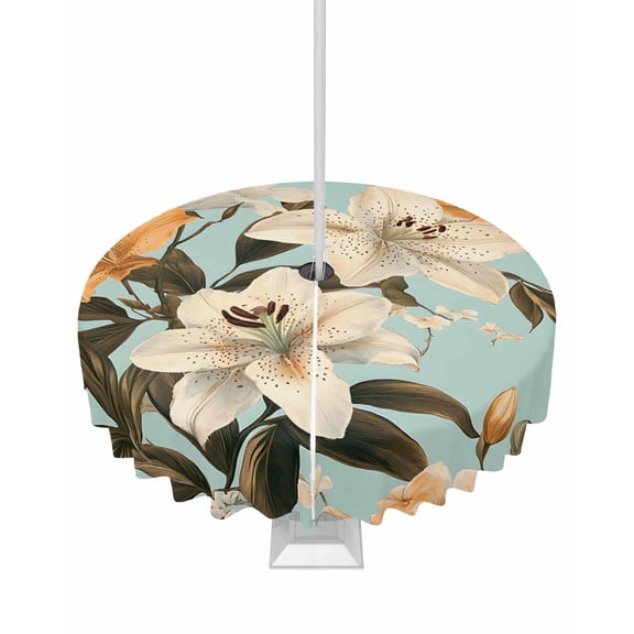 Fsddascl Watercolor Flower Outdoor Tablecloth - 54 Inch Round Dining Table Cover, Lily Seasonal Botanical Blooms Summer Waterproof Outdoor Table Cloth with Umbrella Hole & Zipper for Picnic/Patio