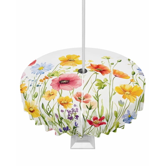 Fsddascl Watercolor Flowers Outdoor Tablecloth - 60 Inch Round Dining Table Cover, Daisy Purple Orange Blue Floral Waterproof Outdoor Table Cloth with Umbrella Hole & Zipper for Picnic/Patio/Party