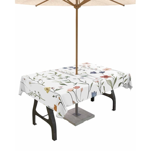 Fsddascl Watercolor Flowers Outdoor Tablecloth - 60x84 Inch Rectangle Dining Table Cover, Spring Pastoral Botanical Wildflowers Waterproof Outdoor Table Cloth with Umbrella Hole & Zipper for Patio