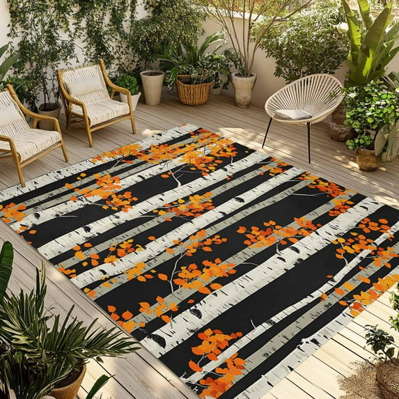 Fsddascl Watercolor Forest Orange Leaves Outdoor Rug for Patio/Deck/Porch, Non-Slip Large Area Rug 4 x 6 Ft, Fall Tree Trunk Indoor Outdoor Rugs Washable Area Rugs, Reversible Camping Rug Carpet