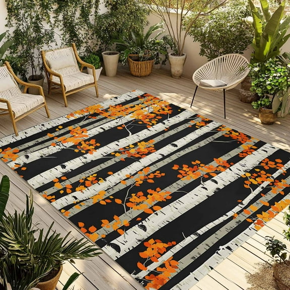 Fsddascl Watercolor Forest Orange Leaves Outdoor Rug for Patio/Deck/Porch, Non-Slip Large Area Rug 4 x 6 Ft, Fall Tree Trunk Indoor Outdoor Rugs Washable Area Rugs, Reversible Camping Rug Carpet