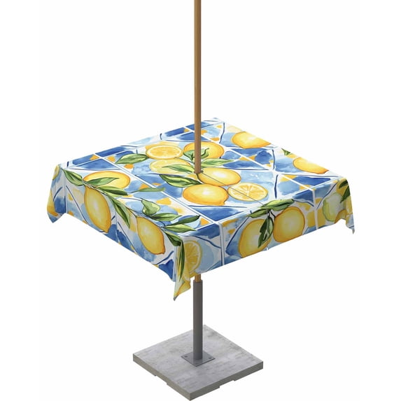 Fsddascl Watercolor Lemon Outdoor Tablecloth - 54x54 Inch Square Dining Table Cover, Botanical Leaves Country Blue Waterproof Outdoor Table Cloth with Umbrella Hole & Zipper for Picnic/Patio/Party