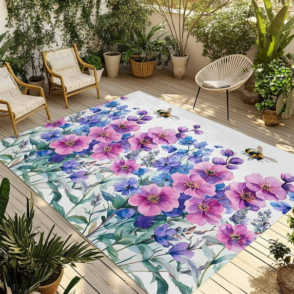 Fsddascl Watercolor Pink Blue Floral Outdoor Rug for Patio/Deck/Porch, Non-Slip Large Area Rug 4 x 6 Ft, Spring Botanical Leaves Indoor Outdoor Rugs Washable Area Rugs, Reversible Camping Rug Carpet