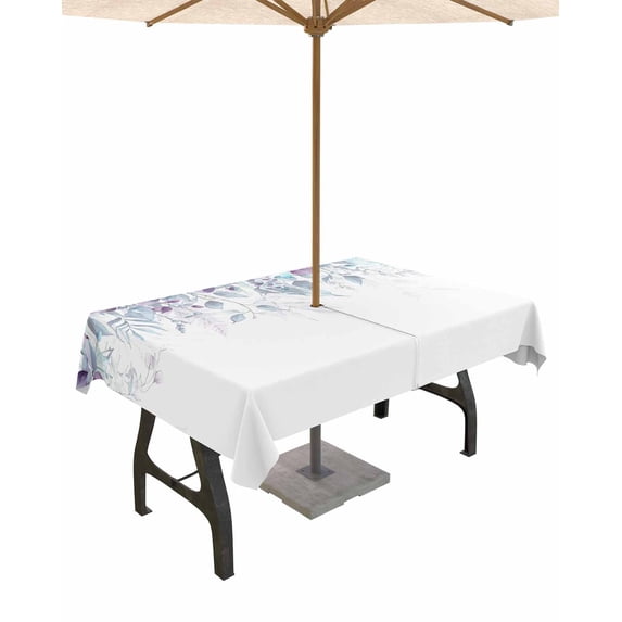 Fsddascl Weeping Purple Aqua Botanical Outdoor Tablecloth - 52x70 Inch Rectangle Dining Table Cover, Spring Eucalyptus Leaves Waterproof Outdoor Table Cloth with Umbrella Hole & Zipper for Patio