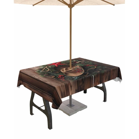 Fsddascl Western Christmas Outdoor Tablecloth - 52x70 Inch Rectangle Dining Table Cover, Xmas Botanical Wreath Brown Waterproof Outdoor Table Cloth with Umbrella Hole & Zipper for Picnic/Patio/Party