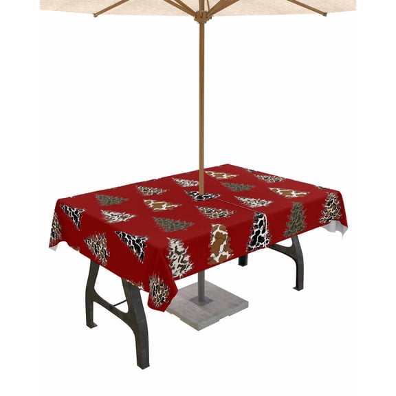 Fsddascl Western Red Christmas Outdoor Tablecloth - 60x102 Inch Rectangle Dining Table Cover, Xmas Tree Cowboy Christmas Waterproof Outdoor Table Cloth with Umbrella Hole & Zipper for Picnic/Patio