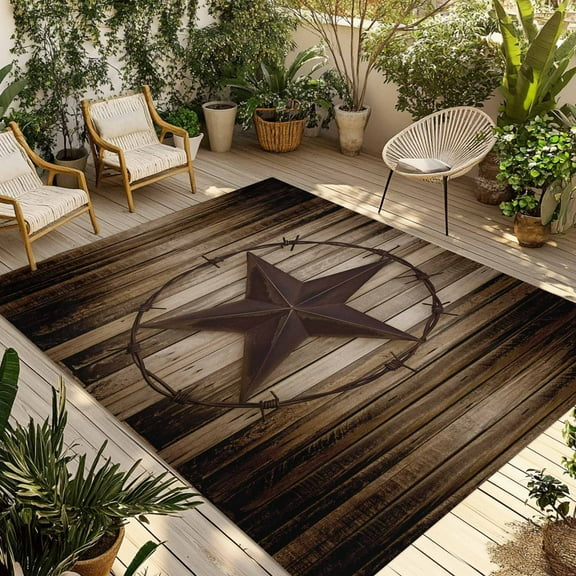Fsddascl Western Star Retro Outdoor Rug for Patio/Deck/Porch, Non-Slip Large Area Rug 5 x 8 Ft, Vintage Brown Wood Barn Indoor Outdoor Rugs Washable Area Rugs, Reversible Camping Rug Carpet Runner