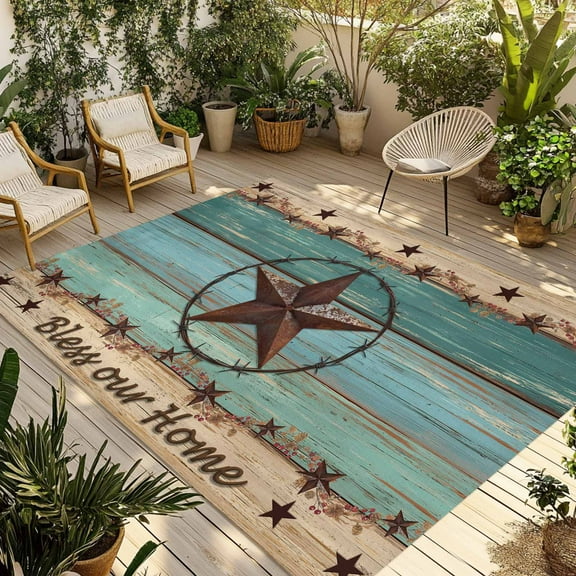 Fsddascl Western Texas Star Vintage Outdoor Rug for Patio/Deck/Porch, Non-Slip Large Area Rug 6 x 9 Ft, Country Teal Green Wood Home Indoor Outdoor Rugs Washable Area Rugs, Camping Rug Carpet