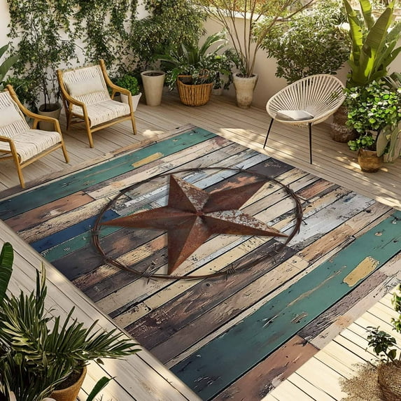 Fsddascl Western Texas Stars Outdoor Rug for Patio/Deck/Porch, Non-Slip Large Area Rug 6 x 9 Ft, Teal Brwon Vintage Wooden Plank Indoor Outdoor Rugs Washable Area Rugs, Reversible Camping Rug Carpet
