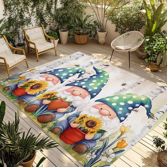 Fsddascl White-Beard Dwarf Outdoor Rug for Patio/Deck/Porch, Non-Slip Large Area Rug 5 x 8 Ft, Sunflower Heart Forest Floral Indoor Outdoor Rugs Washable Area Rugs, Reversible Camping Rug Carpet