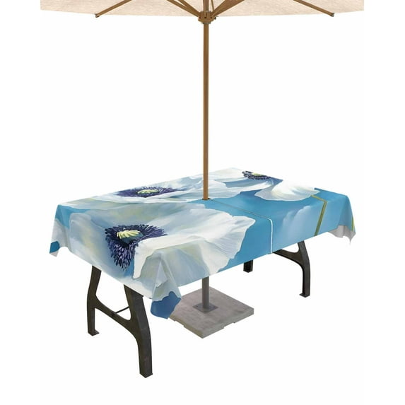 Fsddascl White Blue Floral Outdoor Tablecloth - 54x80 Inch Rectangle Dining Table Cover, Vintage Painting Art Country Spring Waterproof Outdoor Table Cloth with Umbrella Hole & Zipper for Patio