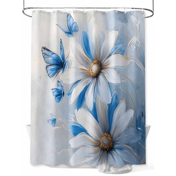 Fsddascl White Blue Flowers Shower Curtain Set - 72" x 78" Washable Bathtub Curtain with 12 Hooks, Pastoral Elegant Butterfly Floral Waterproof Fabric Stall Shower Curtains for Bathroom/Bathtub