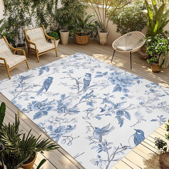 Fsddascl White Blue Spring Floral Outdoor Rug for Patio/Deck/Porch, Non-Slip Large Area Rug 4 x 6 Ft, Summer Birds Botanical Indoor Outdoor Rugs Washable Area Rugs, Reversible Camping Rug Carpet