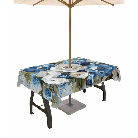 Fsddascl White Blue Spring Floral Outdoor Tablecloth - 60x120 Inch Rectangle Dining Table Cover, Vintage Botanical Farmhouse Waterproof Outdoor Table Cloth with Umbrella Hole & Zipper for Patio