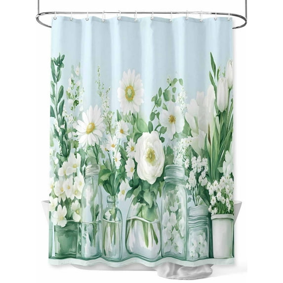 Fsddascl White Floral Vases Shower Curtain Set - Long 72" x 84" Washable Bathtub Curtain with 12 Hooks, Tulip Spring Flowers Blue Waterproof Fabric Stall Shower Curtains for Bathroom/Bathtub Décor