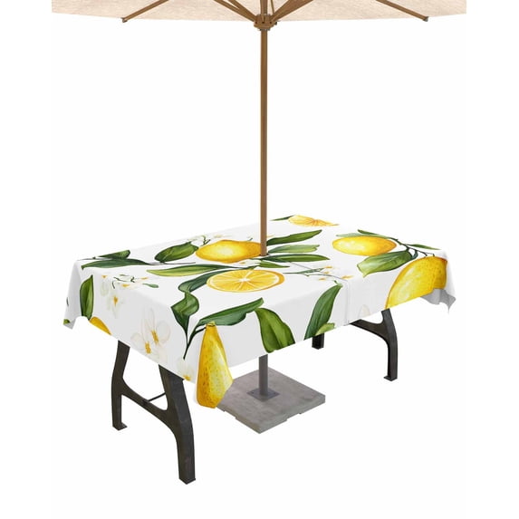 Fsddascl White Flowers Outdoor Tablecloth - 54x80 Inch Rectangle Dining Table Cover, Elegant Floral Yellow Lemon Fruit Waterproof Outdoor Table Cloth with Umbrella Hole & Zipper for Picnic/Patio