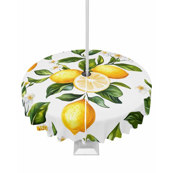 Fsddascl White Flowers Outdoor Tablecloth - 60 Inch Round Dining Table Cover, Countryside Lemon Fruit Garden Waterproof Outdoor Table Cloth with Umbrella Hole & Zipper for Picnic/Patio/Party