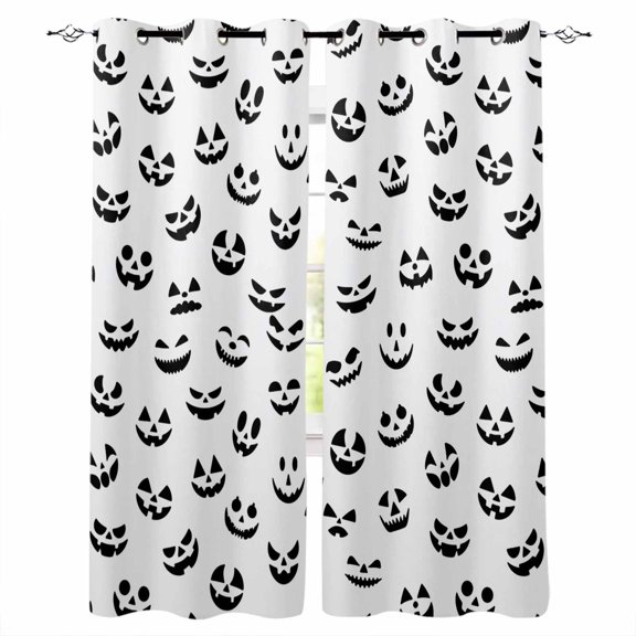 Fsddascl White Halloween Blackout Curtains for Bedroom/Living Room, Thermal Insulated Kitchen Curtains, Horror Ghost Pumpkin Faces Grommet Darkening Window Treatment Drapes 27.5"x39"x2