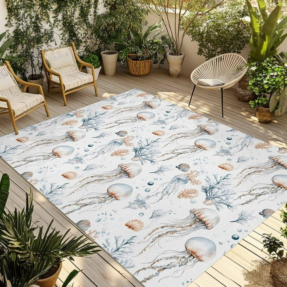 Fsddascl White Jellyfish Coral Outdoor Rug for Patio/Deck/Porch, Non-Slip Large Area Rug 6 x 9 Ft, Summer Ocean Coastal Conch Shell Indoor Outdoor Rugs Washable Area Rugs, Camping Rug Carpet