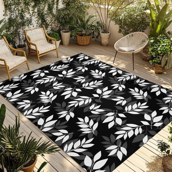 Fsddascl White Leaves Outdoor Rug for Patio/Deck/Porch, Non-Slip Large Area Rug 4 x 6 Ft, Black Vintage Spring Botanical Leaf Plants Indoor Outdoor Rugs Washable Area Rugs, Camping Rug Carpet