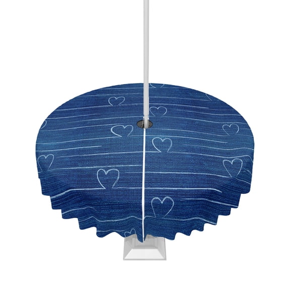 Fsddascl White Love Heart Outdoor Tablecloth - 54 Inch Round Dining Table Cover, Vintage Denim Background Waterproof Outdoor Table Cloth with Umbrella Hole & Zipper for Picnic/Patio/Party
