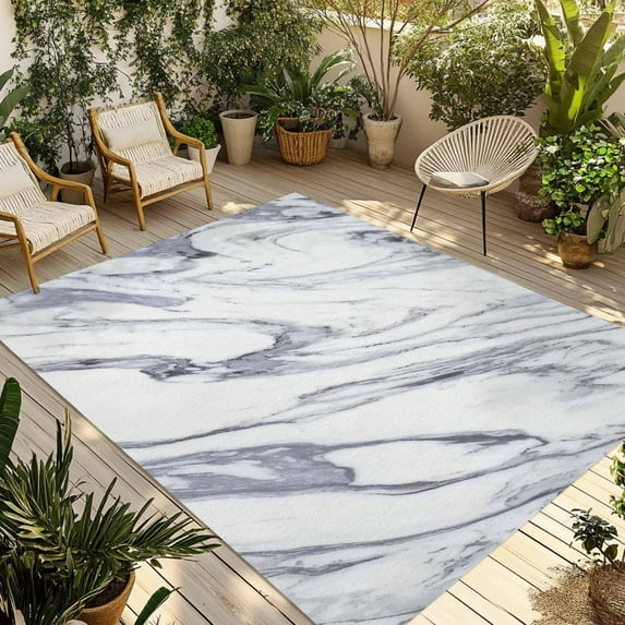 Fsddascl White Marble Outdoor Rug for Patio/Deck/Porch, Non-Slip Large Area Rug 5 x 8 Ft, Grey Abstract Modern Luxury Simple Art Indoor Outdoor Rugs Washable Area Rugs, Camping Rug Carpet Runner