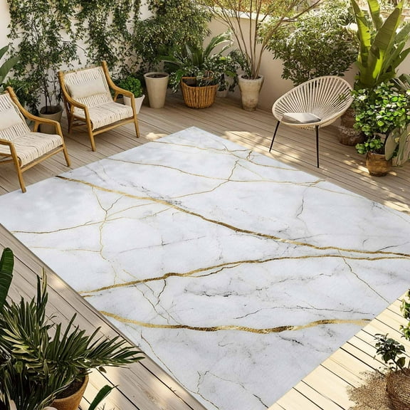 Fsddascl White Marble Pattern Outdoor Rug for Patio/Deck/Porch, Non-Slip Large Area Rug 5 x 8 Ft, Minimalism Abstract Texture Art Indoor Outdoor Rugs Washable Area Rugs, Camping Rug Carpet