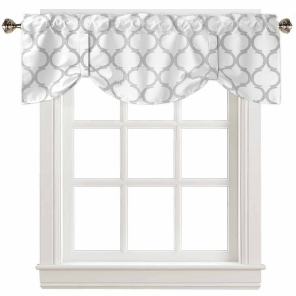 Fsddascl White Morocco Tie Up Valance Curtains for Windows, Kitchen Curtains Window Treatments, Silver Modern Moroccan Geometric Abstract Art Short Window Shades Valances for Bedroom Bathroom 42"x18"