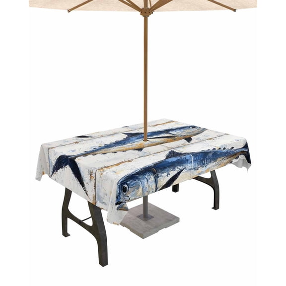 Fsddascl White Navy Blue Fish Outdoor Tablecloth - 54x80 Inch Rectangle Dining Table Cover, Retro Animals Summer Coastal Waterproof Outdoor Table Cloth with Umbrella Hole & Zipper for Picnic/Patio