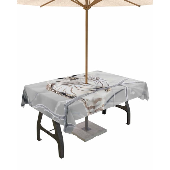 Fsddascl White Owl Outdoor Tablecloth - 52x70 Inch Rectangle Dining Table Cover, Farmhouse Animal Birds Tree Branches Waterproof Outdoor Table Cloth with Umbrella Hole & Zipper for Picnic/Patio