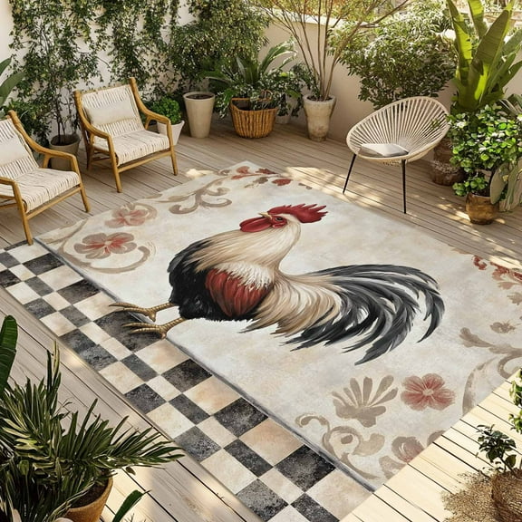 Fsddascl White Retro Rooster Outdoor Rug for Patio/Deck/Porch, Non-Slip Large Area Rug 4 x 6 Ft, Watercolor Pastoral Animals Plaid Indoor Outdoor Rugs Washable Area Rugs, Camping Rug Carpet