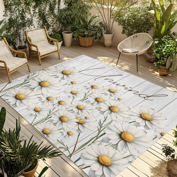 Fsddascl White Spring Floral Outdoor Rug for Patio/Deck/Porch, Non-Slip Large Area Rug 4 x 6 Ft, Watercolor Daisy Vintage Flower Indoor Outdoor Rugs Washable Area Rugs, Reversible Camping Rug Carpet